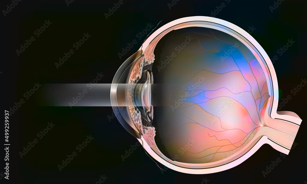 Sectional eye with secondary cataract treated with YAG laser.